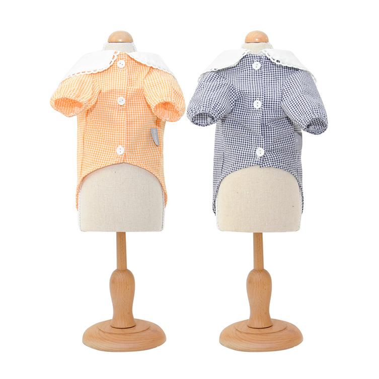 犬服 ドッグウェア 大きなえり チェックシャツ フラワーワンポイント