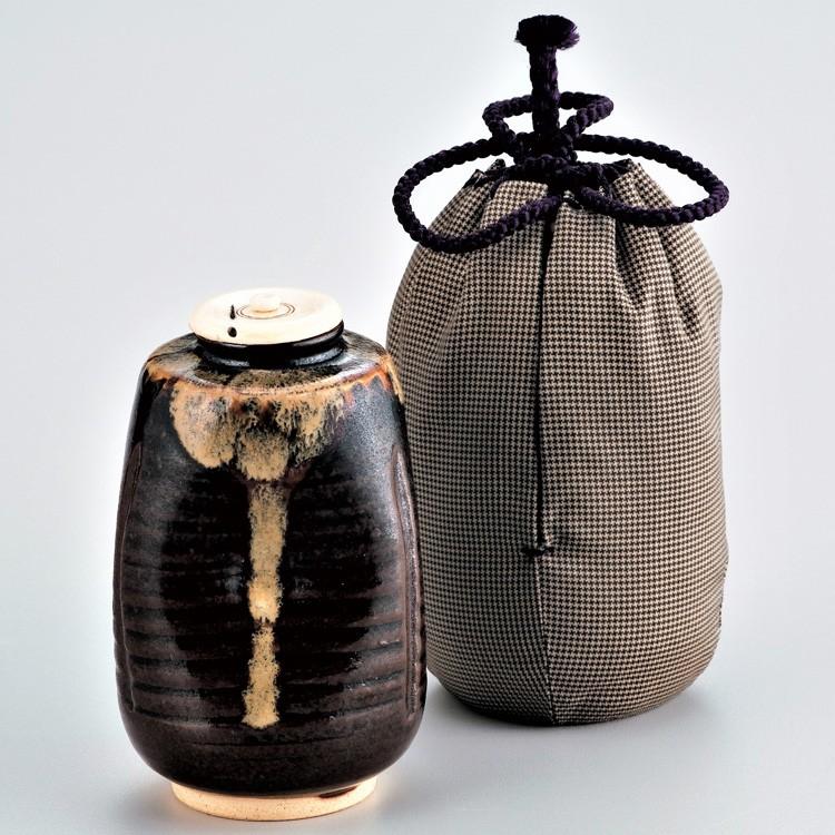 茶道具 古物品 茶入澪標写 織部 陶若窯 能勢進 作(白地細蔓古金襴）