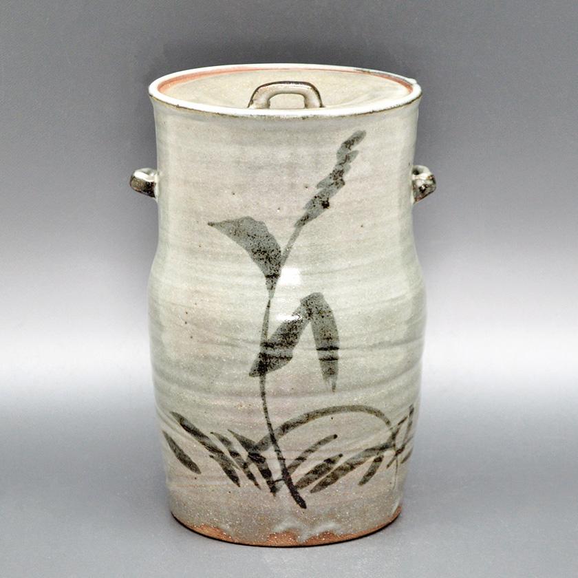 E855  送料無料　水指　唐津　細水指　ススキ　茶道具　茶室　茶道 茶道具 水指（水差・みずさし） 細水指 高取焼 一重口（塗蓋