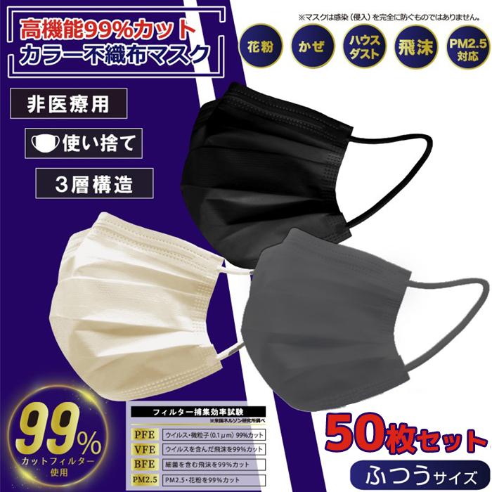 不織布 マスク 50枚 カラー 使い捨て 99％カット メンズ レディース