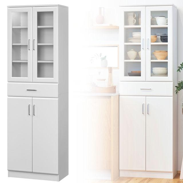 ホワイト家具 大容量 カップボード ハイタイプ 白い食器棚 : 泉州 
