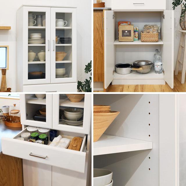 ホワイト家具 大容量 カップボード ハイタイプ 白い食器棚 : 泉州 