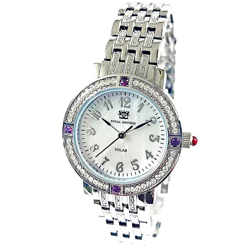 ROYAL MONTRES ルビー天然石 ソーラー腕時計 RM-0015-SVRL レディース 宝石鑑別書付 日常防水 白蝶貝文字盤 クリスタル48石 ロイヤルモントレスの画像