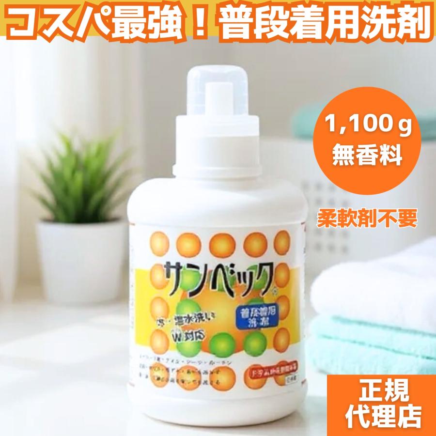 洗濯洗剤 衣類用洗剤 液体 大容量 無香料 植物由来 部屋干し 消臭 黄ばみ 黒ずみ 汗汚れ 柔軟剤不要 コスパ最強 節約 お得 サンベック 普段着用洗剤 1100g 本体