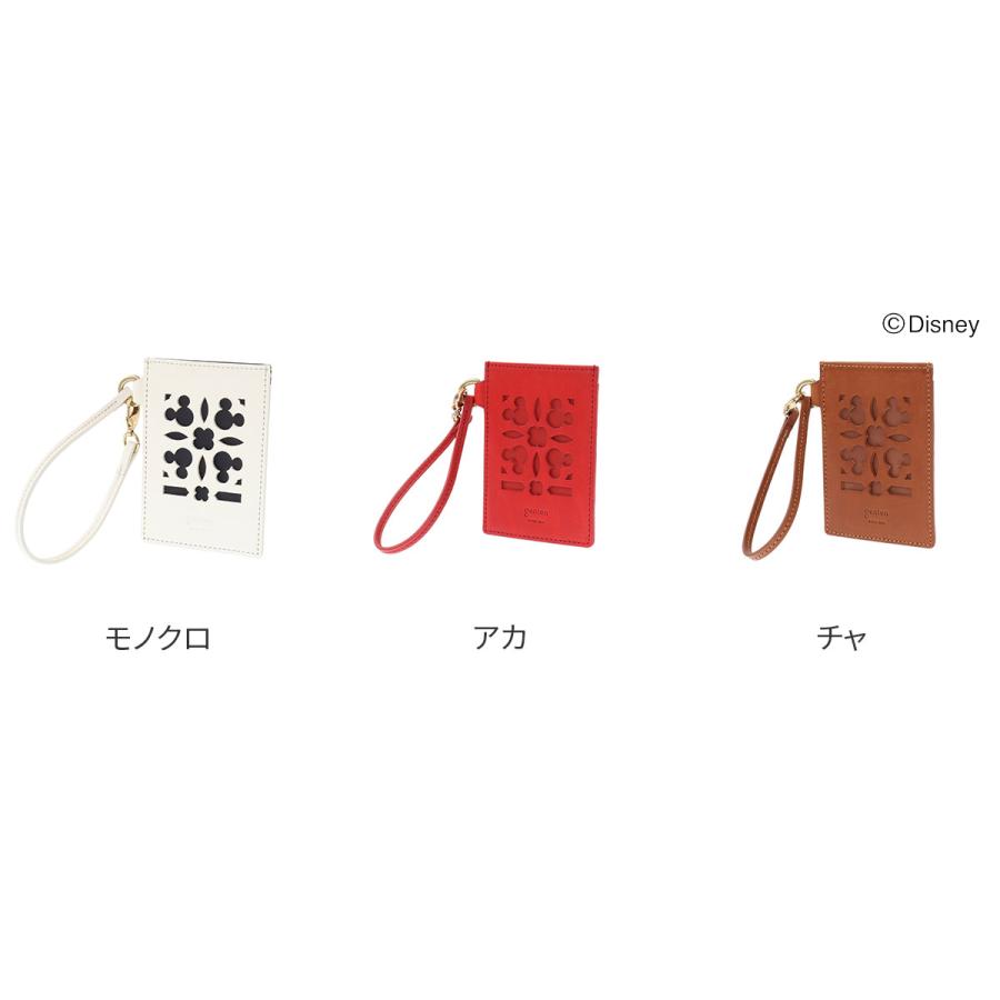 美品 ゲンテン ミッキーカットワーク レザーパスケース 赤