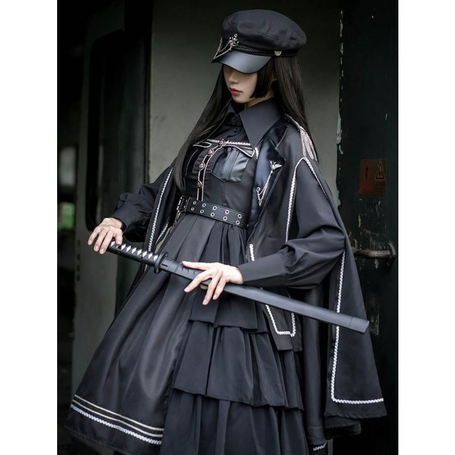 高評価のクリスマスプレゼント 帽子ジャンパースカート シャツ マント 4ピースセット ゴスロリ ミリタリースタイル ロリータセット黒 ハイウエスト お嬢様 原宿 姫 ブラック ゴシック ロリータ服 カラー ブラック