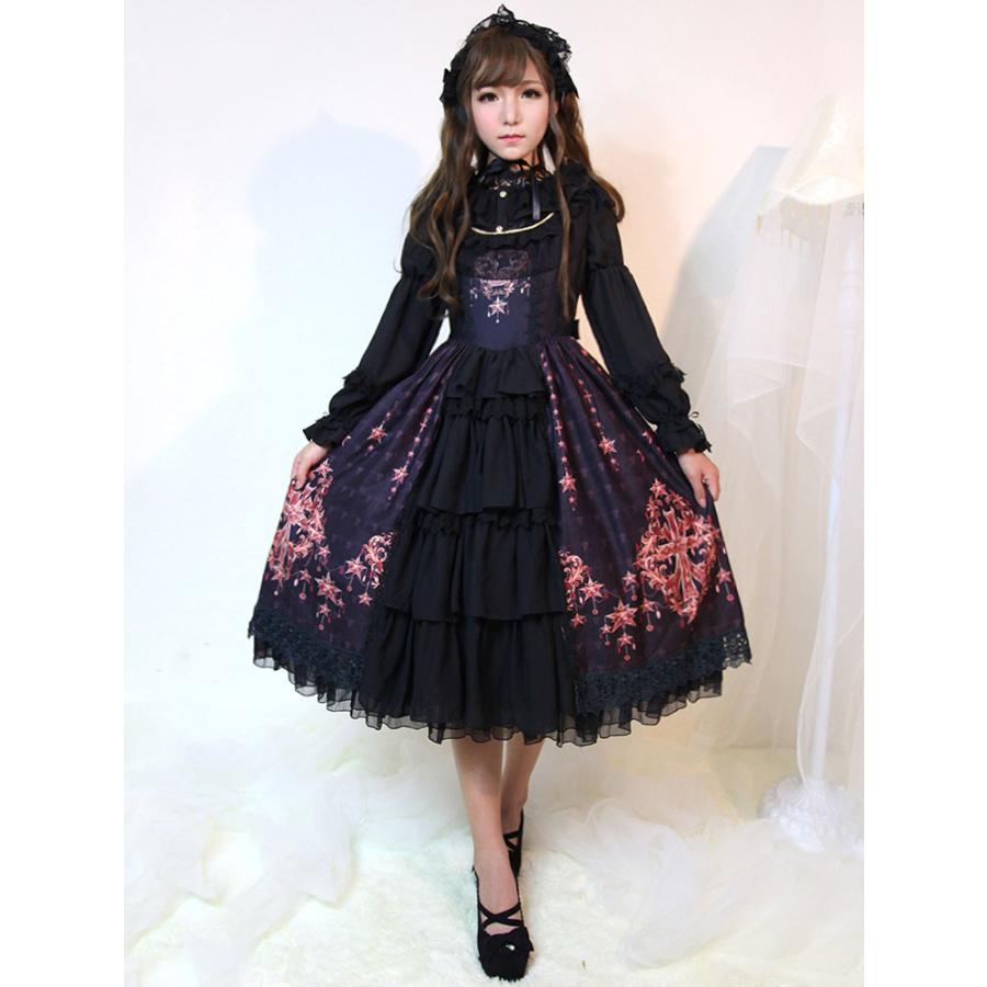 ロリィタジャンパースカート　フリル　ゴシック　綿繊維　ラウンドネック　カジュアル　プリント柄 フリル ゴシック 綿繊維 ラウンドネック カジュアル プリント柄