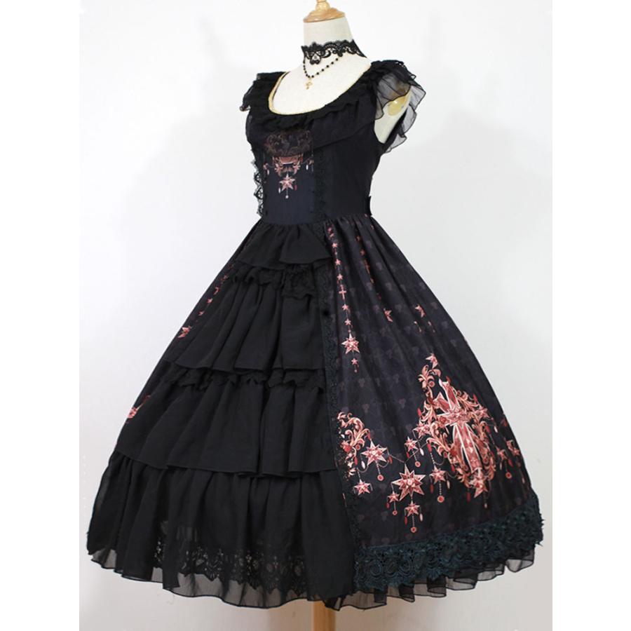 ロリィタジャンパースカート　フリル　ゴシック　綿繊維　ラウンドネック　カジュアル　プリント柄 フリル ゴシック 綿繊維 ラウンドネック カジュアル プリント柄