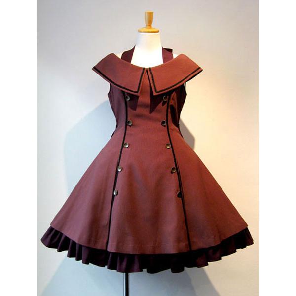 ワンピース ゴシック ロリータ服 ゴスロリ軍服 ノースリーブワインレッドバイカラーゴシックロリータ十字架ワンピースフリルボタンリボンブルゴーニュ色jskドレスミリロリ ノースリーブワインレッドバイカラーゴシックロリータ十字架ワンピースフリルボタンリボン