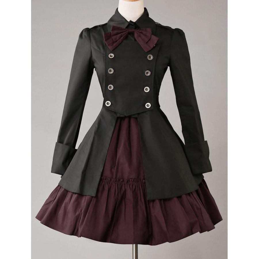 Op ゴスロリ軍服ワンピース ブラック 特価キャンペーン ダブルブレスト コットン ボタン アイドル衣装 フリル リボン 長袖 制服ワンピース