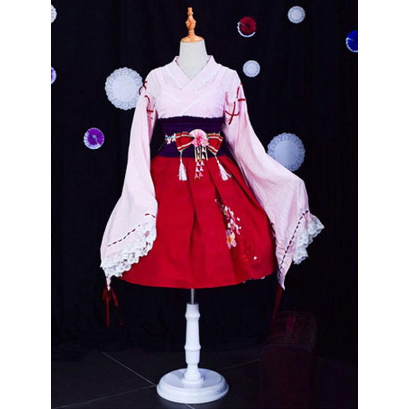 ワンピースドレスワロリータopドレスサクラプリントフリルボウピンク着物ロリータ 五次元ポケット