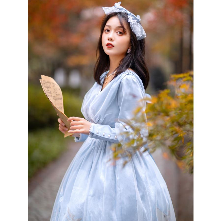 最旬トレンドパンツ ライトスカイブルーロングスリーブロリータワンピースドレス スウィートロリータオプドレスプリーツネット ゴシック ロリータ服 サイズ L Binghamtonhots Com