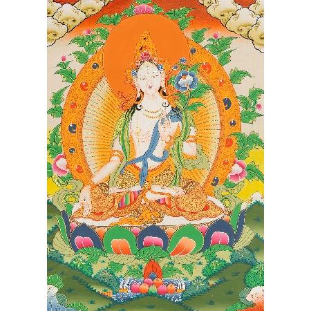 チベット　タンカペイント 希少なアンティークチベット仏教タンカ、色糸で描かれた菩薩