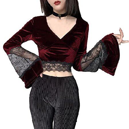 ETATNG Womens Goth Shirt Flared Sleeves V Neck Velvet Lace Ruffles Gothic Party Slim Fitted Crop Top Red L