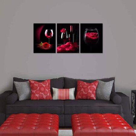 ネット店舗 YeiLnm 3ピース ワインキャンバス ウォールアート ワイングラス 赤いバラの花付き ピクチャー キッチン デコ 抽象的なロマンチックな絵画 アートワーク ホーム