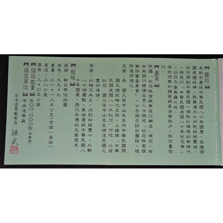台湾、中華民国建国80年記念、50円銀貨、プルーフ未使用 : 世田谷
