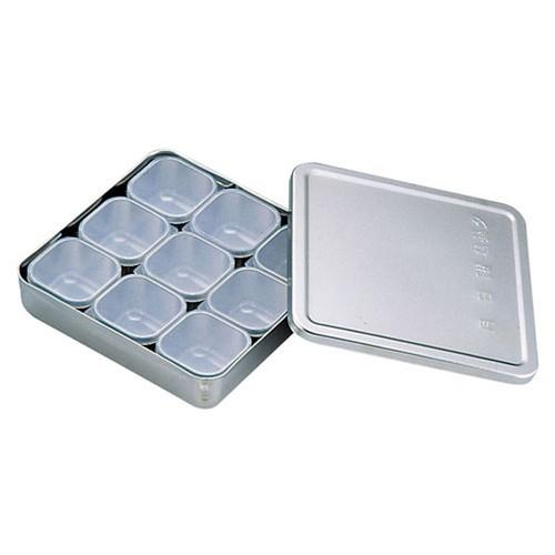 厨房用品 保存容器 / MA18-8検食容器 普及型 (小9個入) 寸法: 幅:170 x 奥行:170 x H38mm 容量:0.87cc