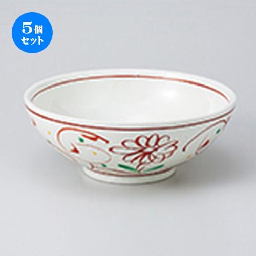 5個セット丼 粉引釉赤絵花7.0麺鉢 ［ 21.3 x 8cm ］ 【 料亭 旅館 定食屋 和食器 飲食店 業務用 】