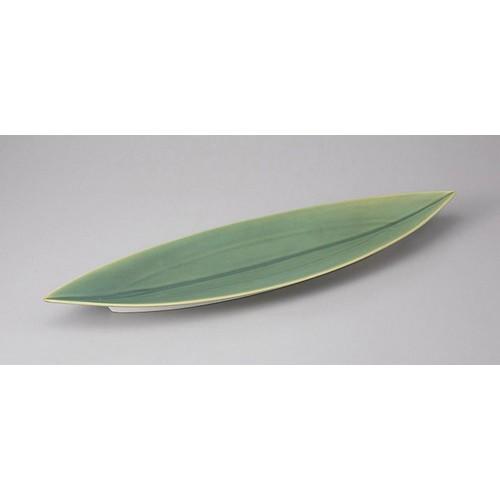 変形盛皿 笹型長皿(中)緑 [44 x 10.5 x 2.8cm] | 変形皿 盛皿 和食器 洋食器 おしゃれ 業務用