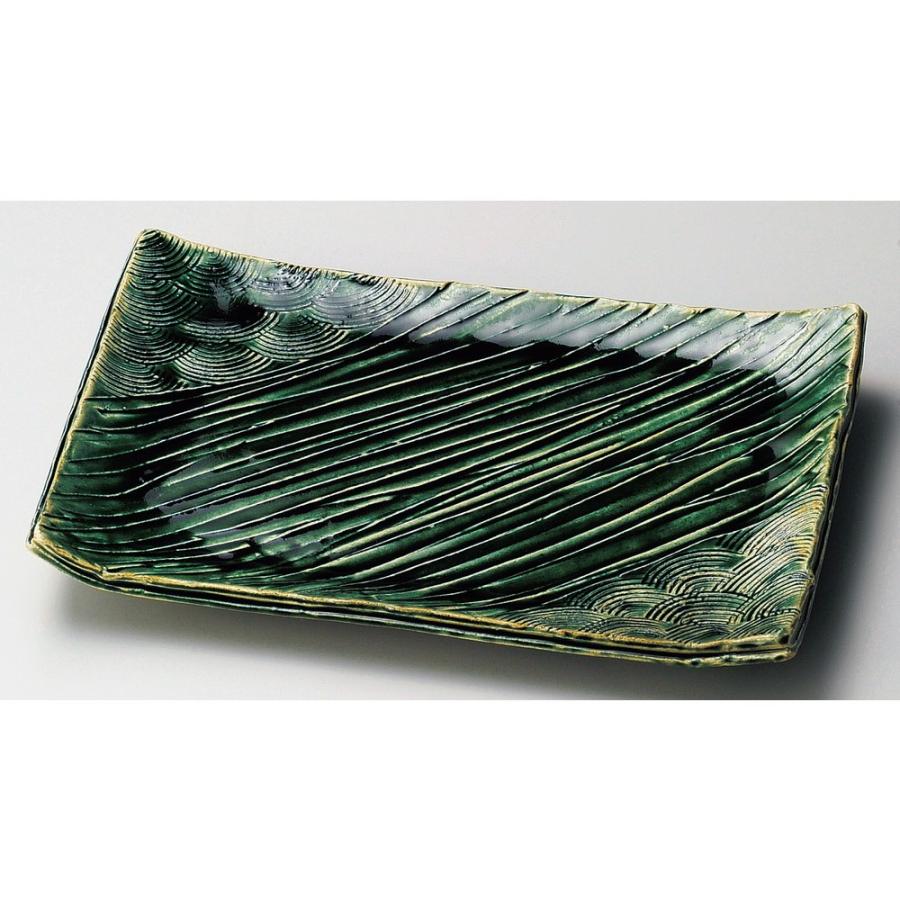 ☆ 長角大皿 ☆ 織部波紋彫足付大盛込皿 [ 35.5 x 23 x 6.3cm ] 【 料亭 旅館 和食器 飲食店 業務用 】
