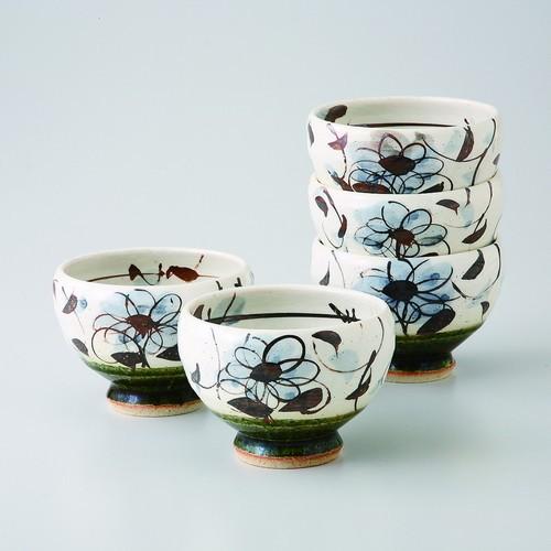茶器セット 手造り織部唐草花煎茶碗揃