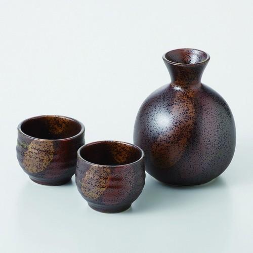 三色備前酒器セット[品：徳利×1／φ9×11.5cm、盃×2／φ5.8×4.6cm 箱