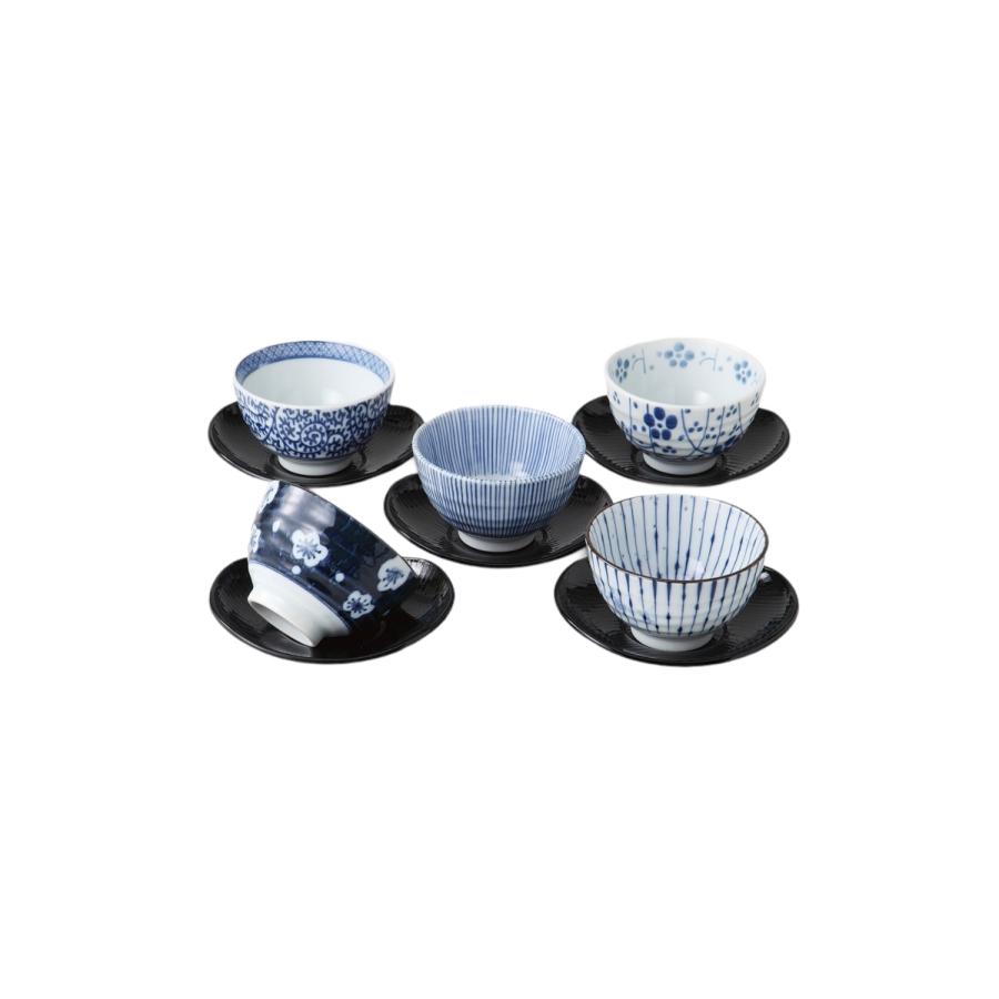 藍染五様 茶托付煎茶揃[品：煎茶×5／φ9×5.5cm・160cc、茶托×5／12.3