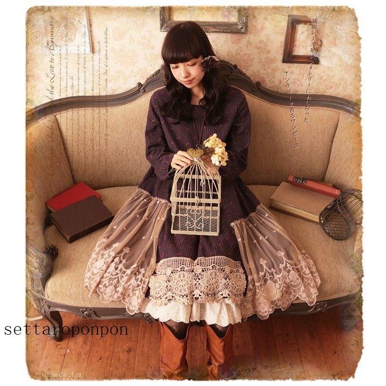 １着でも送料無料 レディース 長袖ワンピース 綿 可愛い オリジナル 不規則 アシンメトリー レース ドット 綿 森ガール ワンピース カラー 紫