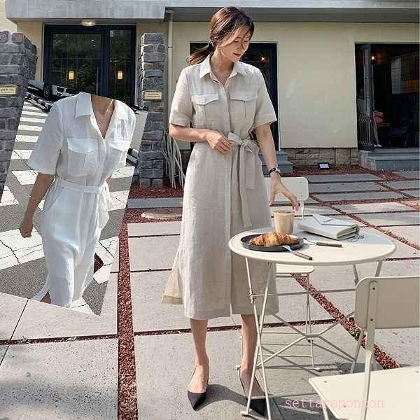 高級素材使用ブランド 麻シャツワンピース ミモレ丈 半袖 ダブルポケット リネン スリット エレガンス りぼん 上品 大人 ワンピース カラー ホワイト Www Auschule S Schule Bw De
