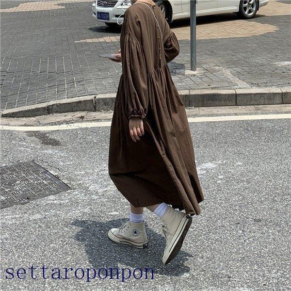 人気ブランドを 春秋 レディース ワンピースドレス 綿麻 50代 40代 リネン30代 オシャレ 着痩せ 韓国風 きれいめ ロング丈ワンピース パフスリーブ 長袖 スリット スカート 膝丈 ワンピース 色 コーヒー