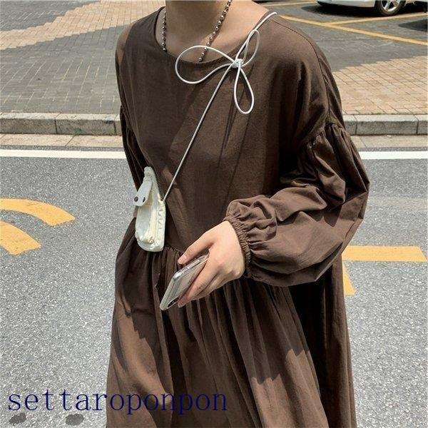人気ブランドを 春秋 レディース ワンピースドレス 綿麻 50代 40代 リネン30代 オシャレ 着痩せ 韓国風 きれいめ ロング丈ワンピース パフスリーブ 長袖 スリット スカート 膝丈 ワンピース 色 コーヒー