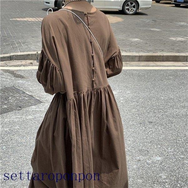人気ブランドを 春秋 レディース ワンピースドレス 綿麻 50代 40代 リネン30代 オシャレ 着痩せ 韓国風 きれいめ ロング丈ワンピース パフスリーブ 長袖 スリット スカート 膝丈 ワンピース 色 コーヒー