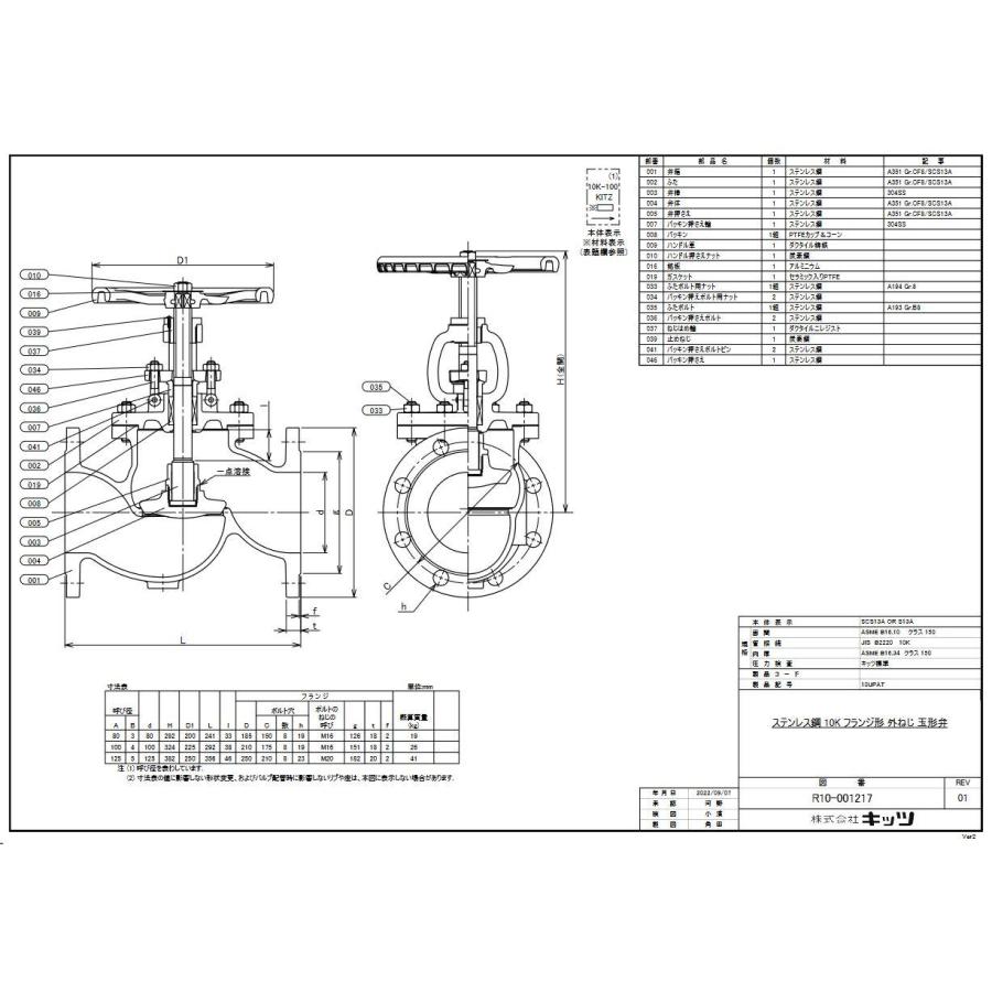 [10UPAT80A]≪ボディ素材：ステンレス鋼SCS13A≫キッツ/KITZ ステンレス鋼製グローブバルブ フランジ形　Aシリーズ10K　呼び径A80 |  | 02