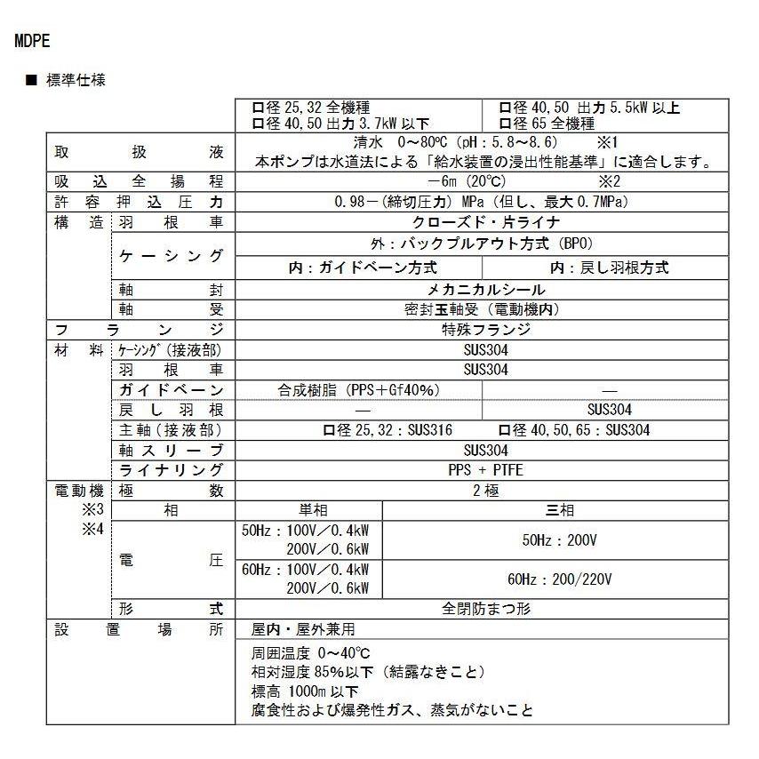 [40MDPE455.5]エバラ　荏原　MDPE型ステンレス製多段渦巻ポンプ　口径40ｍｍ　出力5.5kW　50Hz