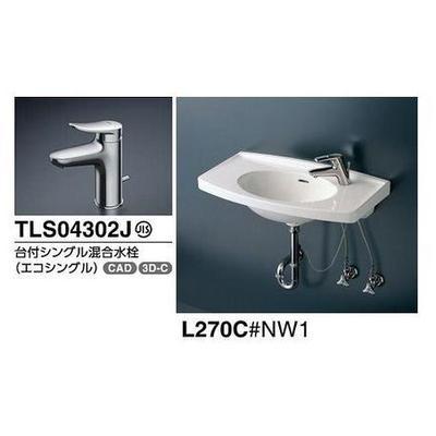 [L270C　TLS04302JA　TL4CU×2　壁掛洗面器　TL220D　台付きシングル混合水栓(エコシングル)セット　TLDP2201J]TOTO　壁排水金具(Pトラップ)