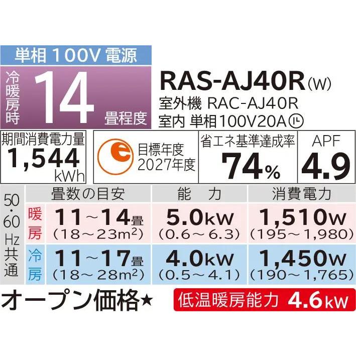 エアコン本体HITACHI RAS-AJ40R RAS-AJ40R-W 日立 AJシリーズ 壁掛形 14畳程度 シングル - 業務