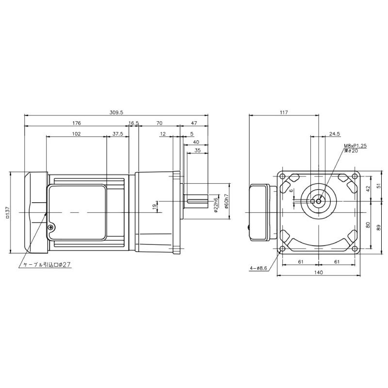 ニッセイ ギヤードモーター G3K22N20-MM04TNNTN 平行軸 小フランジ取付 0.4kW 減速比1/20 三相 200V ブレーキ