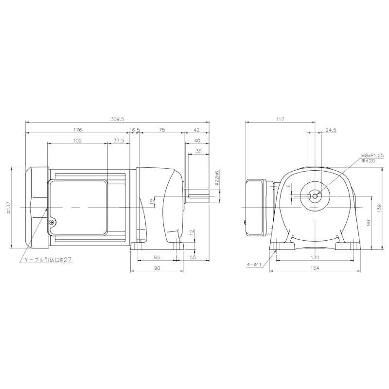 ニッセイ ギヤードモーター G3L22N5-MM04TNNTN 平行軸 脚取付 0.4kW 減速比1/5 ブレーキ無 軸炭素鋼