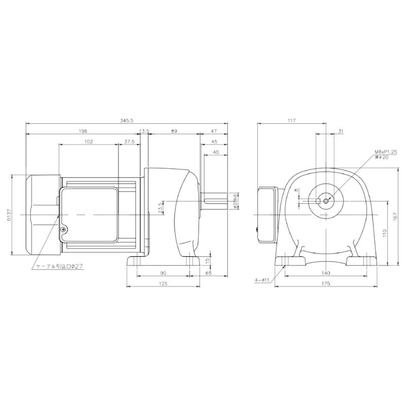 ニッセイ ギヤードモーター G3L28N60-MM04TWNTB4 平行軸 脚取付 0.4kW 減速比1/60 三相 400V ブレーキ付 軸炭素鋼 ターミナルボックス付