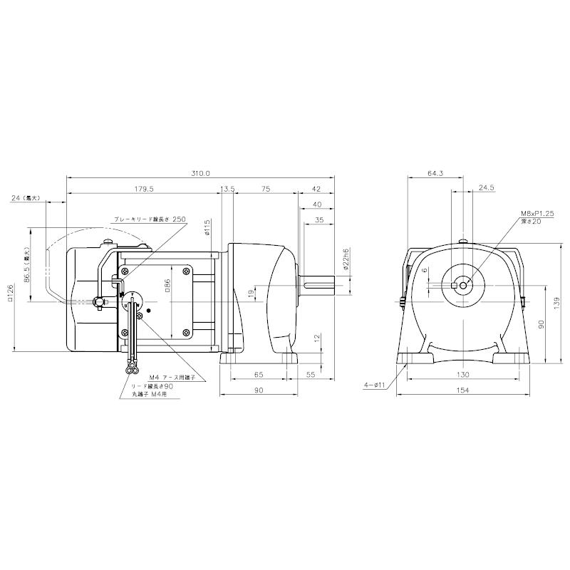 ニッセイ ギヤードモーター G3L22N60-MM02TWJNJ4 平行軸 脚取付 0.2kW 減速比1/60 三相 400V 手動解放ブレーキ付 軸炭素鋼