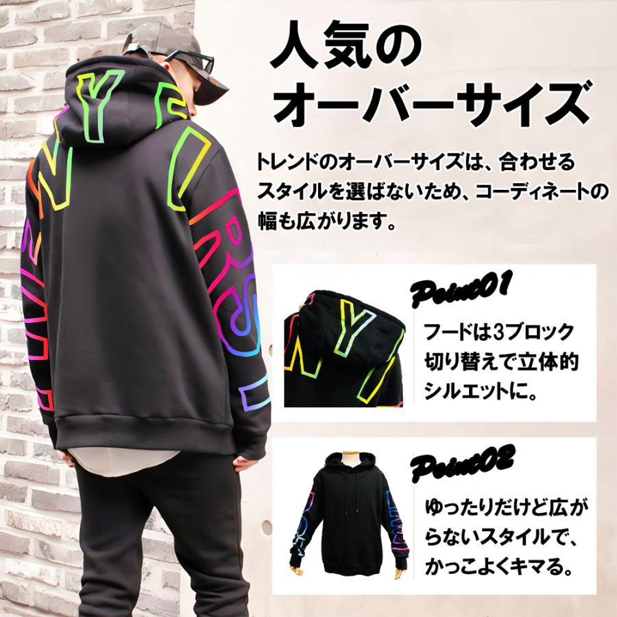パーカー プリント オーバーサイズ デカロゴ ラスタカラー  黒 ストリート パーカー メンズ 長袖 黒 グラデ バックプリント ストリート系