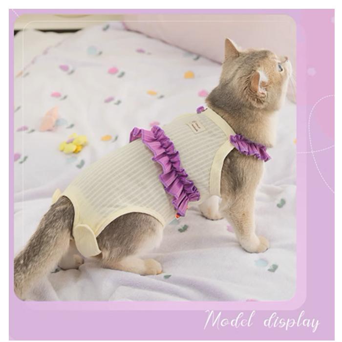 犬 猫 術後服 術後ウェア 伸縮性 フリル 柔らかい 紫 服 傷 舐めない