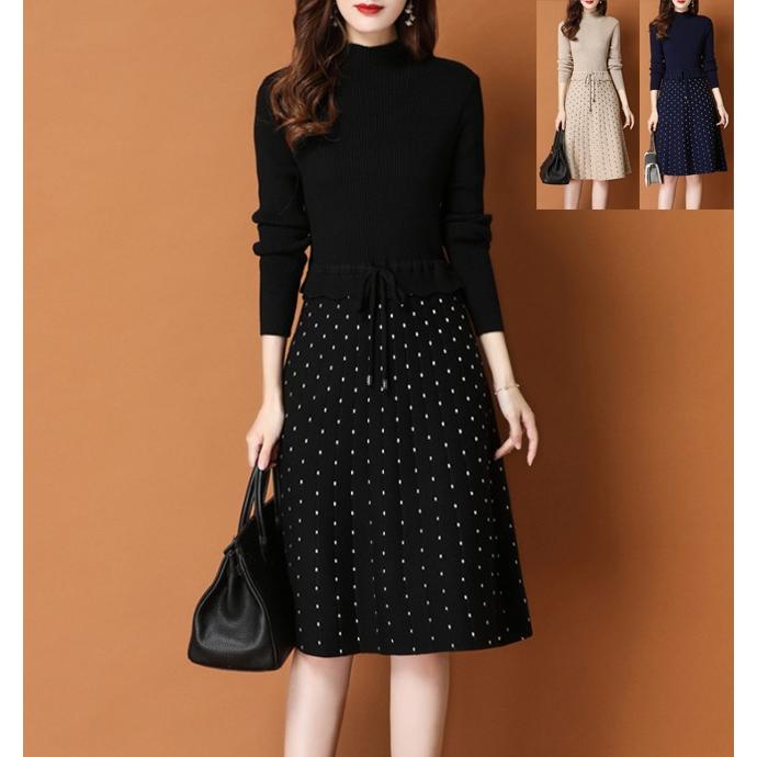 ニット ワンピース ミセス ドット 柄 40代 50代 30代 60代 春 秋 冬 最新刊 レディース きれいめ 新作 上品 Mサイズ 体型カバー セレブ 大人 ドレス 春 長袖 Lw Sevencat 通販 Yahoo ショッピング