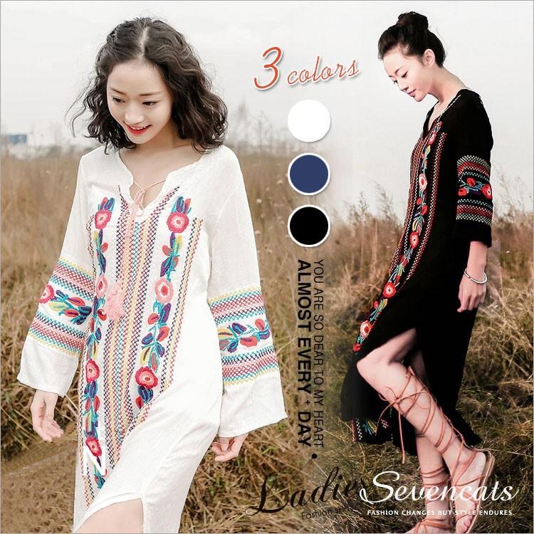 春 新作 マキシ ワンピース レディース ロング 七分袖 ボヘミアン ワンピースファッション タッセル Vネック 刺繍 ワンピース 送料無料 Sa Ly112 Seven Cats 通販 Yahoo ショッピング