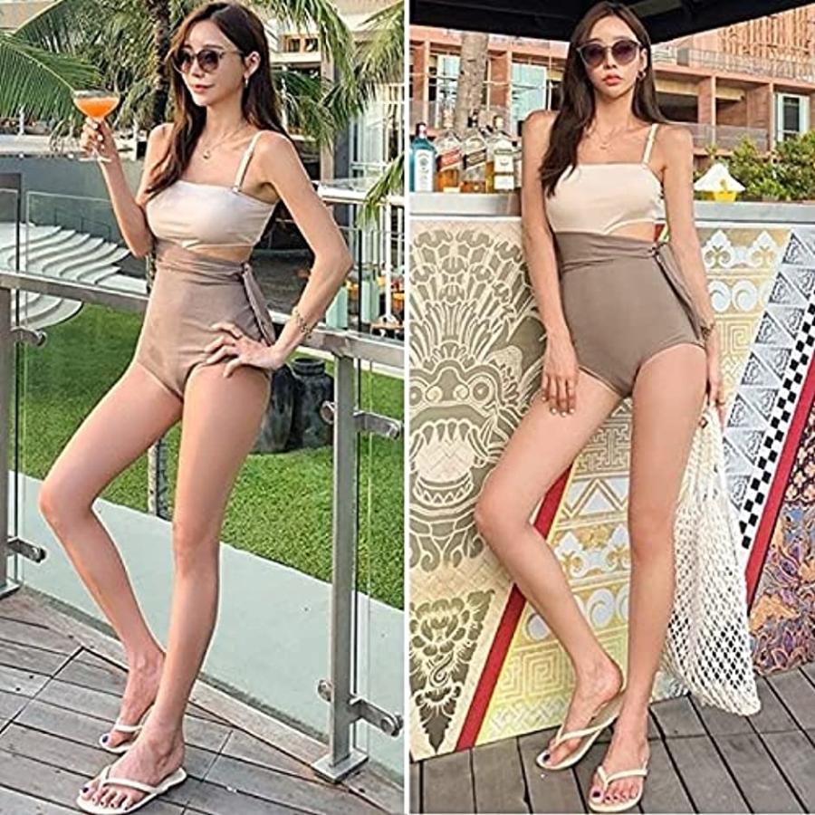 アイラカリラ バイカラー ワンピース 水着 アシンメトリー リボン ストライプ セパレート ビキニ クロス ベージュ Xl 海外最新