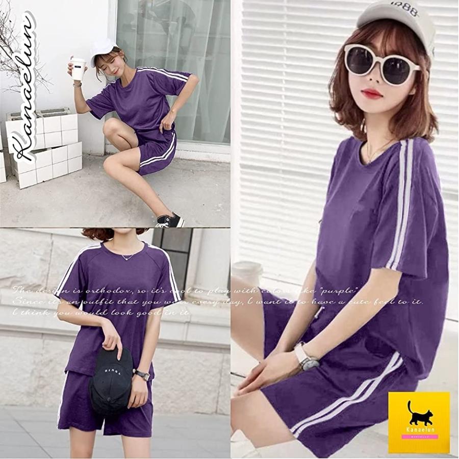 カナエルン 上下セット ショートパンツ 適切な価格 スポーツウェア ルームウェア パジャマ レディース Xxl パープル 半袖 短パン 2xl