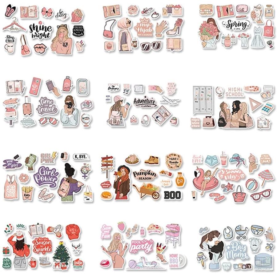 マーケット ステッカー 女性 イラスト シルエット 防水 ファッション 小物 12組