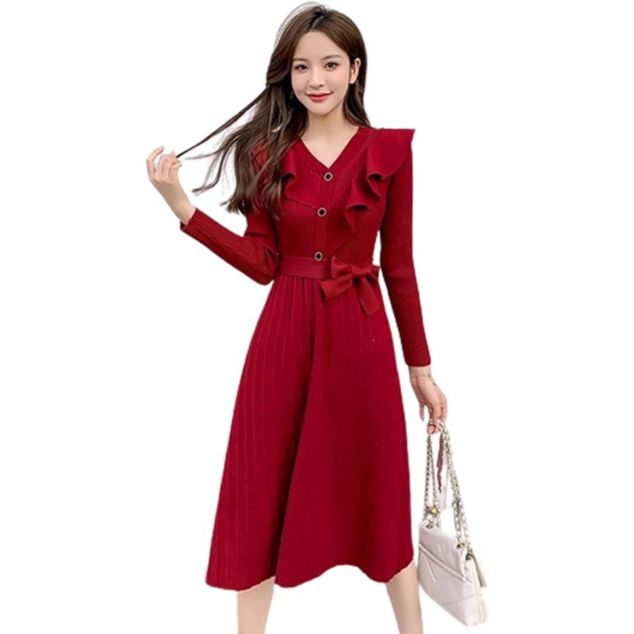 Rickyxricky リッキーリッキー レディースワンピース 上品 きれいめ Aライン ロングワンピース ニット レッド Xl 2b4slclxoh セブンリーフ 通販 Yahoo ショッピング