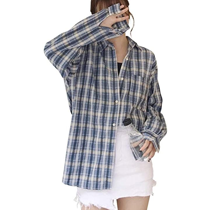 チェック柄シャツ ロングシャツ ゆったり 韓国ファッション チェックシャツ 長袖 長袖シャツ トップス ゆったりシャツ ブルー Xl 2b63dji10l セブンリーフ 通販 Yahoo ショッピング