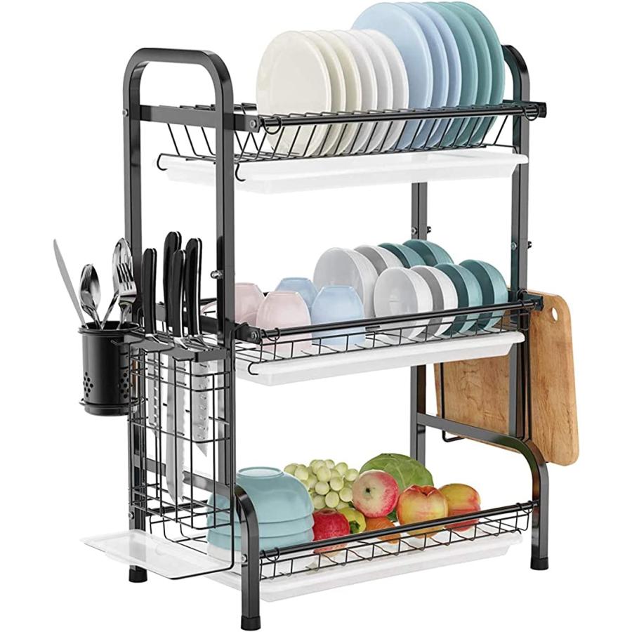 水切りラック 3段式 304ステンレス製 水切りかご キッチン収納 組み立て簡単 ブラック ブラック 3段式 ワンサイズ